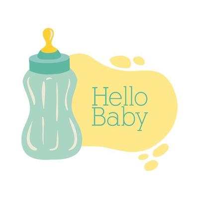 baby shower card with milk bottle and hello baby lettering, hand draw style