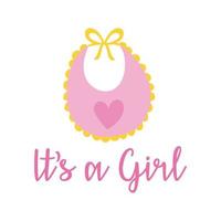 baby shower card with bib and lettering it's a girl, hand draw style vector