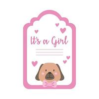 tarjeta de baby shower con perrito y letras de niña, estilo de dibujo a mano vector