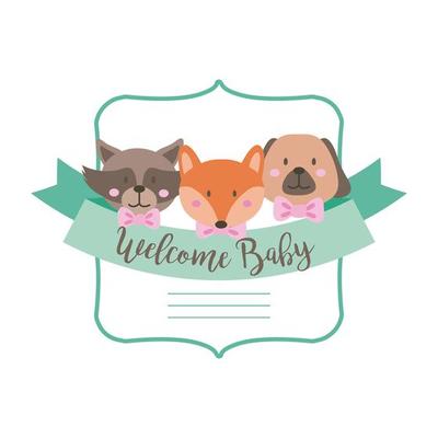 baby shower card with animals and welcome baby lettering, hand draw style