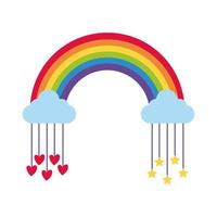 lindo arco iris con estrellas colgantes y corazones icono de estilo plano vector