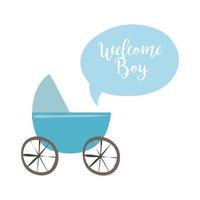 baby shower card with buggy and welcome boy lettering, hand draw style vector