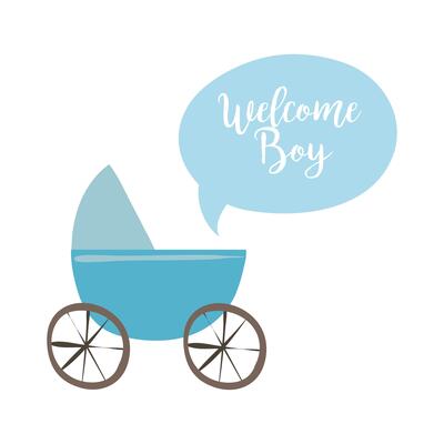 baby shower card with buggy and welcome boy lettering, hand draw style