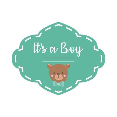 baby shower card with teddy bear and lettering it's a boy, hand draw style