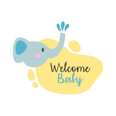 baby shower frame card with elephant and welcome baby lettering, hand draw style