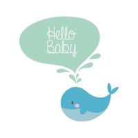 tarjeta de baby shower con ballena y hola bebé, estilo de dibujo a mano vector