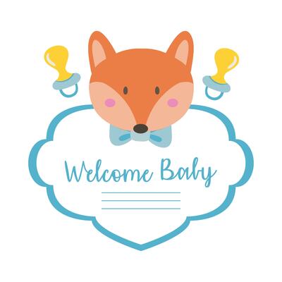 baby shower card with little fox and welcome baby lettering, hand draw style