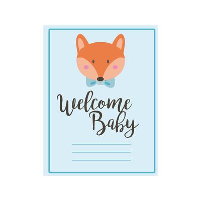 baby shower card with fox and welcome baby lettering, hand draw style