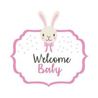 baby shower card with rabbit and welcome baby lettering, hand draw style vector