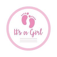 baby shower card with footprint and lettering it's a girl, hand draw style vector