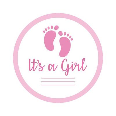 baby shower card with footprint and lettering it's a girl, hand draw style