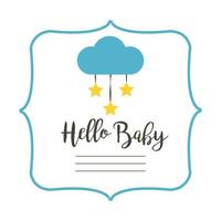 tarjeta de baby shower con letras de nube y hola bebé, estilo de dibujo a mano vector