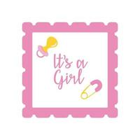 baby shower card with pacifier and lettering it's a girl, hand draw style vector