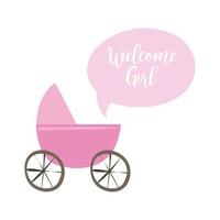 baby shower card with cart and welcome girl lettering, hand draw style vector