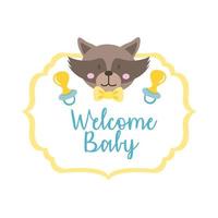 baby shower card with raccoon and welcome baby lettering, hand draw style vector