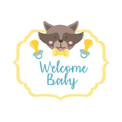 baby shower card with raccoon and welcome baby lettering, hand draw style