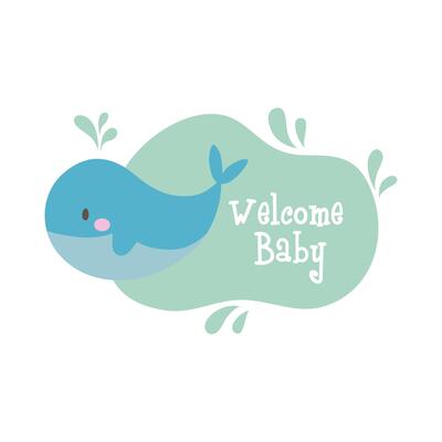 baby shower card with whale and welcome baby lettering, hand draw style