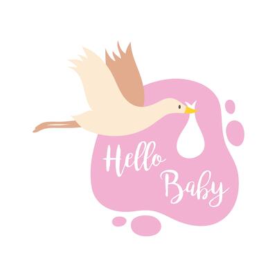 baby shower card with stork flying and hello baby lettering, hand draw style