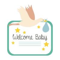 tarjeta de baby shower con cigüeña y letras de bienvenida al bebé, estilo de dibujo a mano vector