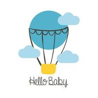baby shower card with hot air balloon and hello baby, hand draw style vector