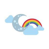 cute rainbow with clouds and crescent moon flat style icon vector