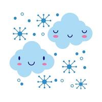 Nubes con copos de nieve estilo plano de carácter cómico kawaii vector