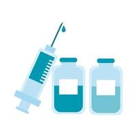 jeringa de vacuna con icono de estilo plano de botellas de droga vector