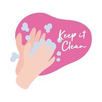 Manténgalo limpio letras de campaña con diseño de ilustración de vector de estilo plano de lavado de manos