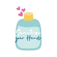 sanitize your hands campaign lettering with soap bottle and hearts flat style vector