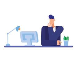 Isolated businessman cartoon with computer at desk vector design