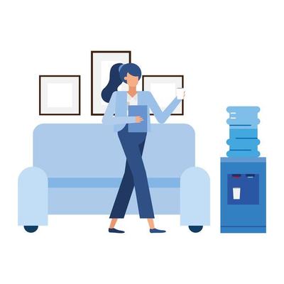 businesswoman cartoon in front of couch vector design