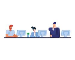 men and woman with computers at desk in the office vector design