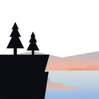pine trees on cliff in front of lake landscape design vector