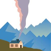 house with smoke in front of mountains design vector