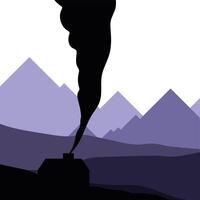 house with smoke silhouette in front of mountains vector design