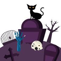 gato de halloween en diseño de vector de mano tumba y zombie