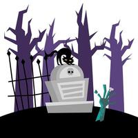 halloween cat on grave and zombie hand vector design