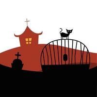 Halloween cat on gate in front of house vector design