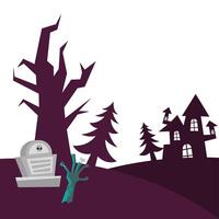 halloween grave, zombie hand, house and pine trees design vector