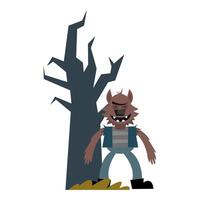 halloween werewolf cartoon with bare tree design vector