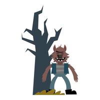 halloween werewolf cartoon with bare tree vector design