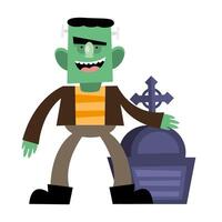 halloween frankenstein cartoon with grave design vector