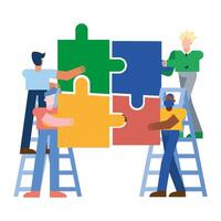 men with puzzles on ladders vector design