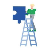 blond man with puzzle on ladder design vector