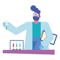 chemical man with tubes and document at desk vector design