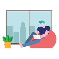 Man with laptop on puff chair working from home vector