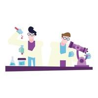 chemist men with microscope and flasks at desk vector design