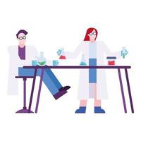 químico, hombre y mujer, con, frascos, en, escritorio, vector, diseño vector