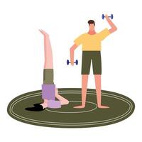 woman doing yoga on carpet and man lifting weights vector design