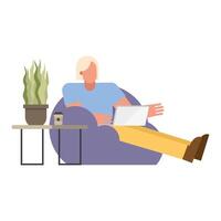 Man with laptop on puff chair working from home vector